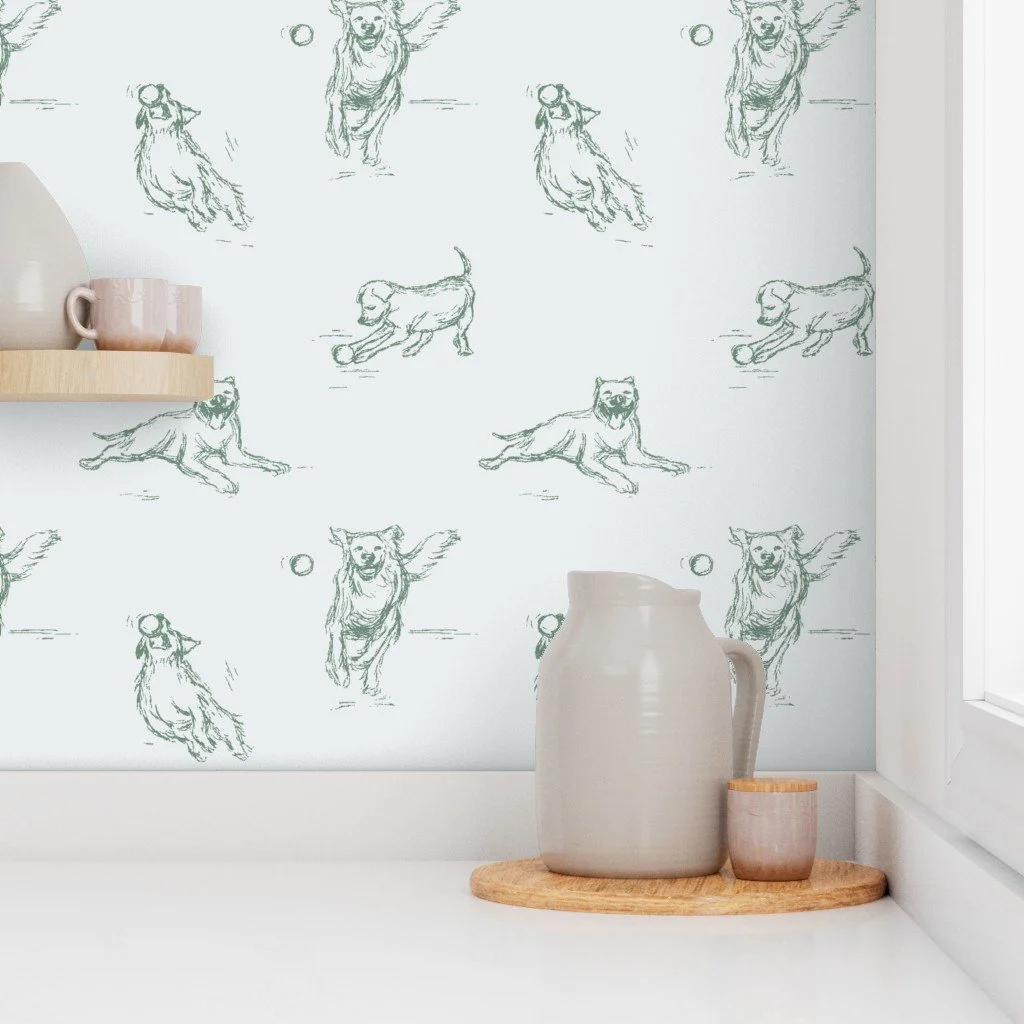 dog wallpaper for nursery, baby room, bedroom, or playroom. Golden retriever wallpaper with corgis, boxers, & lab puppies!