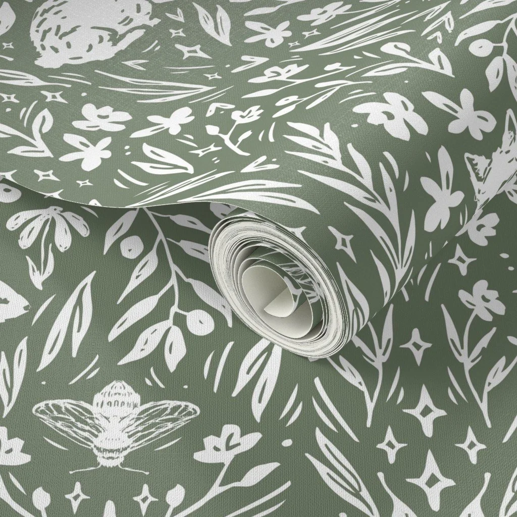 Woodland animals wallpaper in sage green for baby nursery, kids room, & playroom.