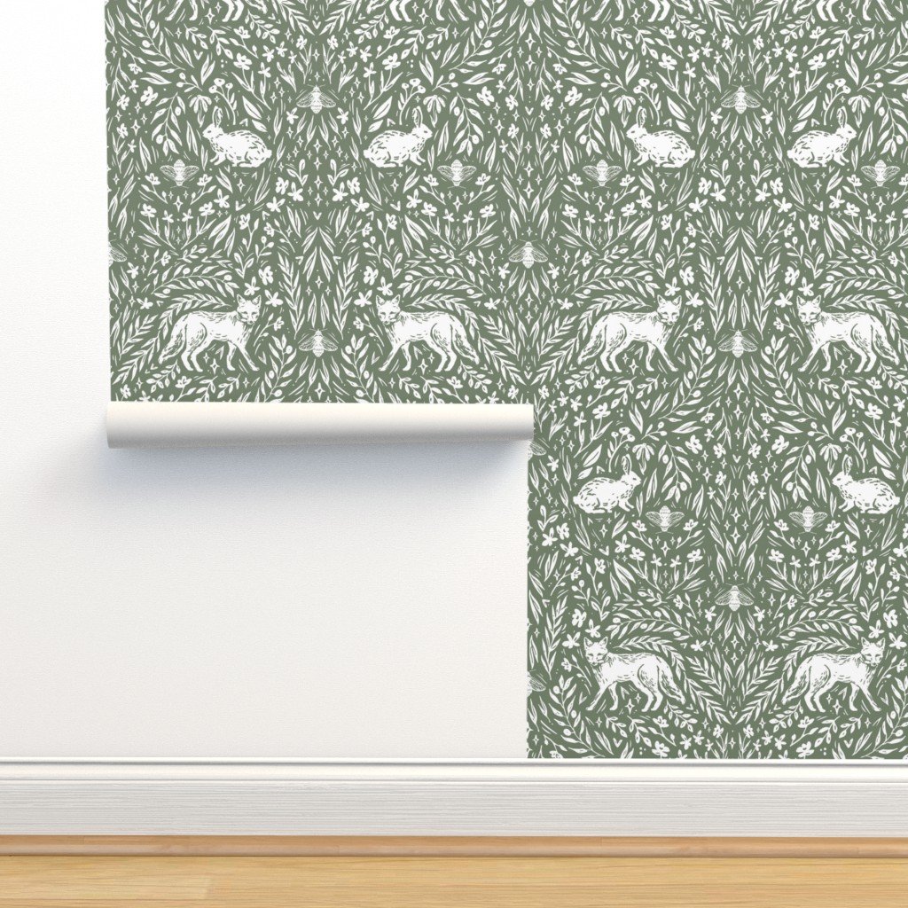 Woodland wallpaper design for baby nursery, kids room, & playroom. This removable peel and stick wallpaper features rabbits, foxes, bees, and woodland florals in a forest setting.