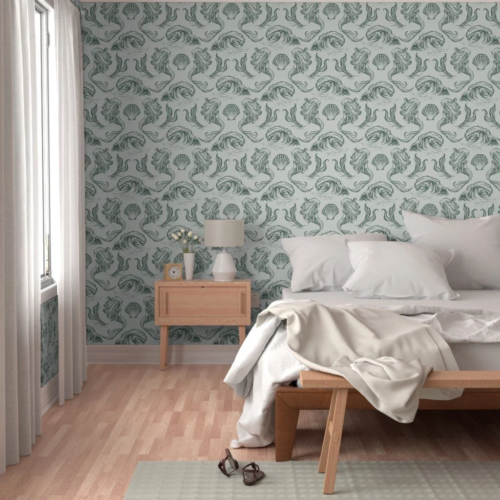 coastal wallpaper design in green for elegant bohemian bathrooms, living rooms, rental properties, and Airbnbs. This fantasy style mermaid art features ocean waves and seashells.