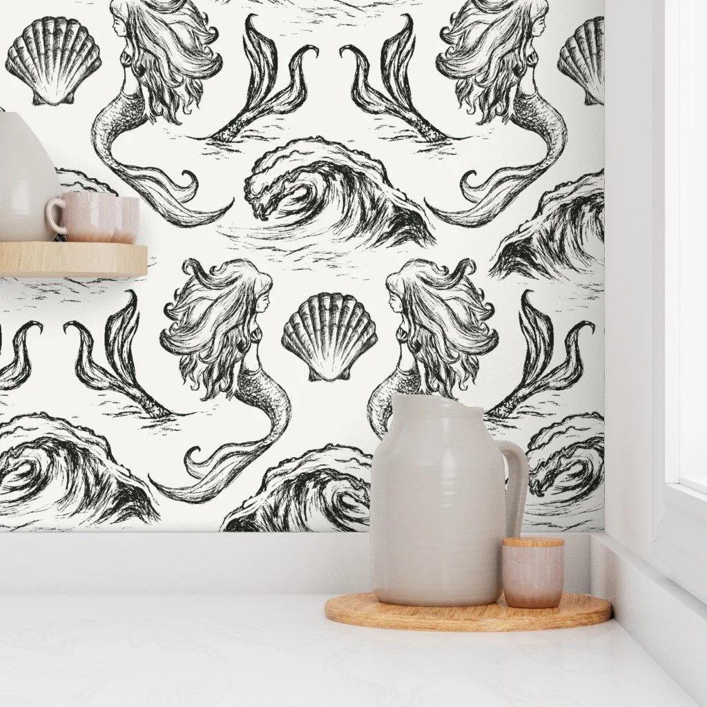 Mermaid Wallpaper - Removable Peel and Stick Wallpaper for Boutique Hotels & Bohemian Home in Coastal