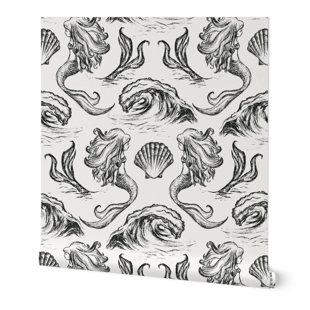 Mermaid Wallpaper in White & Black