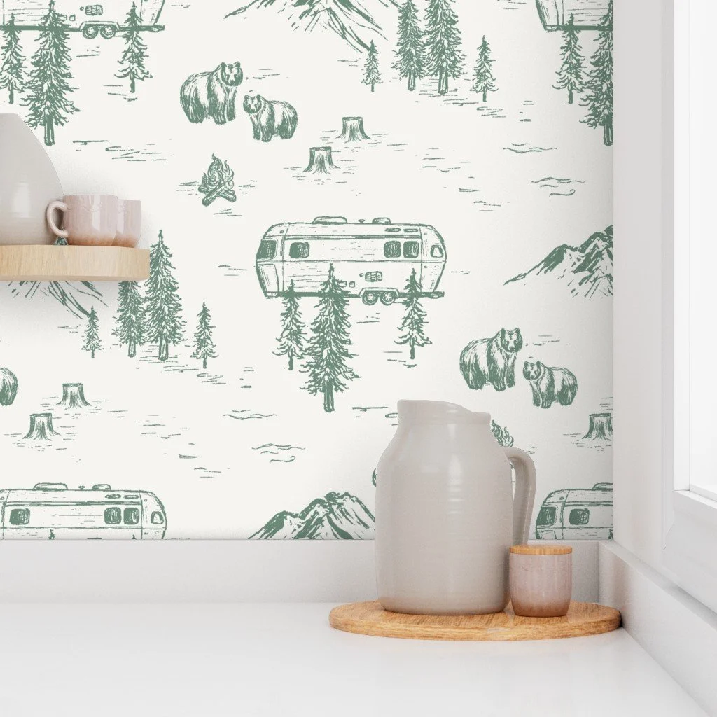 Camping wallpaper removable peel and stick nursery wallpaper with mountains, bears, vintage Airstream trailers, and campfire illustrations.