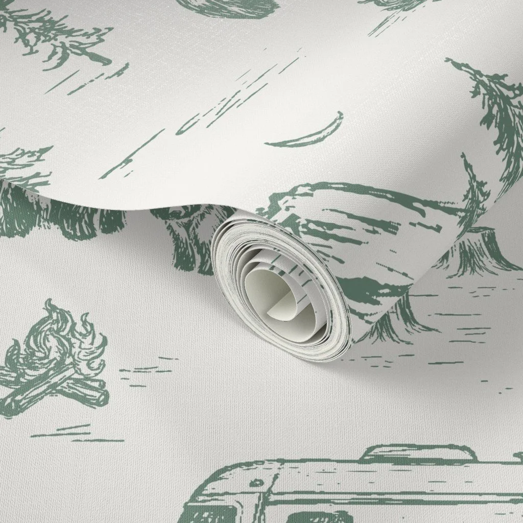 Camping wallpaper removable peel and stick nursery wallpaper with mountains, bears, vintage Airstream trailers, and campfire illustrations.