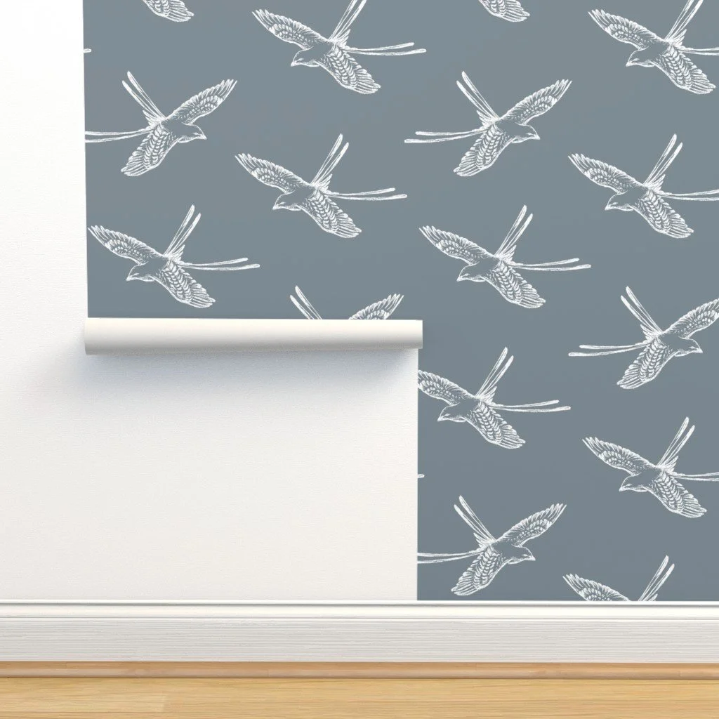Wallpaper with hand-drawn Scissortail Flycatchers in blue on a creamy white background