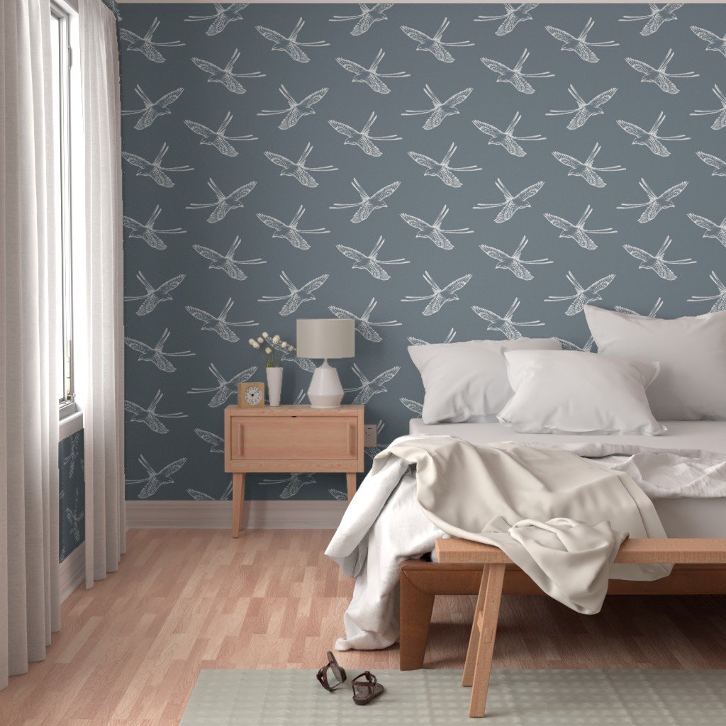 Wallpaper with hand-drawn Scissortail Flycatchers in blue on a creamy white background