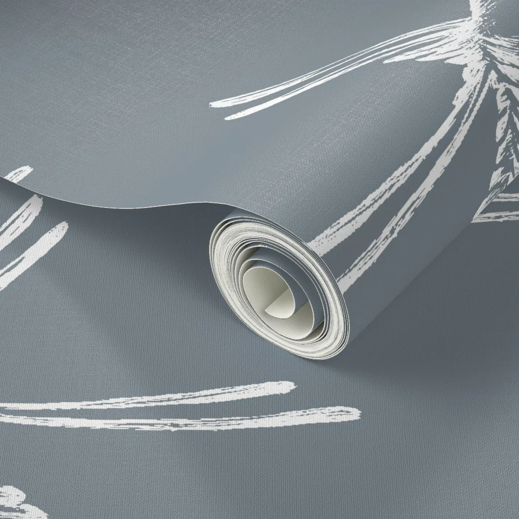 Wallpaper with hand-drawn Scissortail Flycatchers in blue on a creamy white background