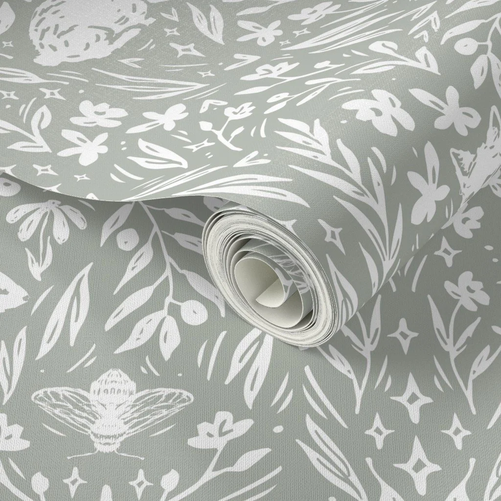 Scandinavian Woodland Animals Nursery Wallpaper in Sage Green | Removable Peel and Stick Wallpaper for Baby Nurseries