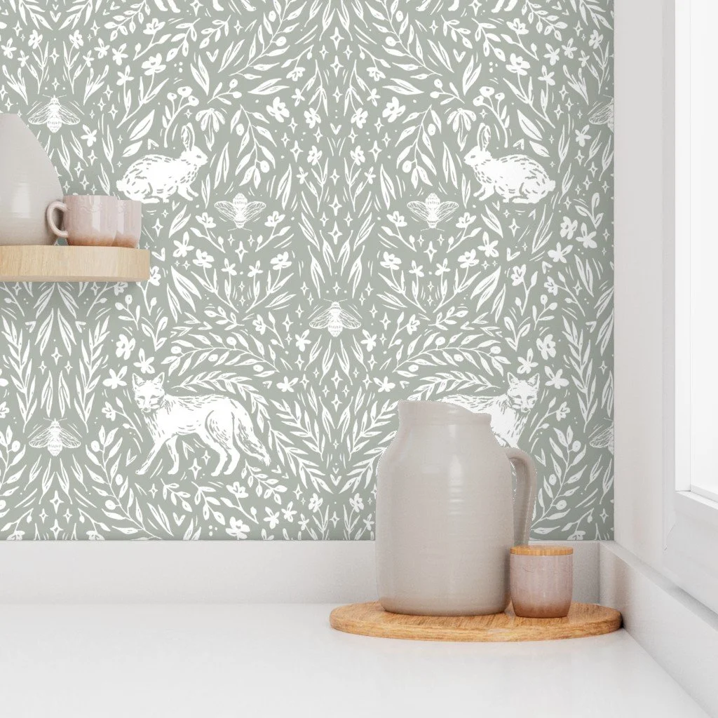 Scandinavian Woodland Animals Nursery Wallpaper in Sage Green | Removable Peel and Stick Wallpaper for Baby Nurseries