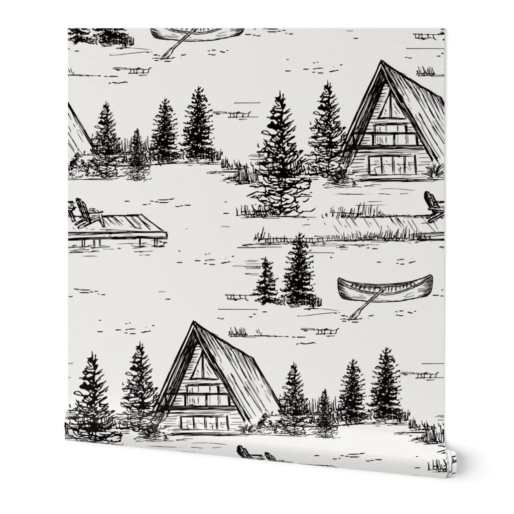 Lake House Camping Wallpaper in Black & White