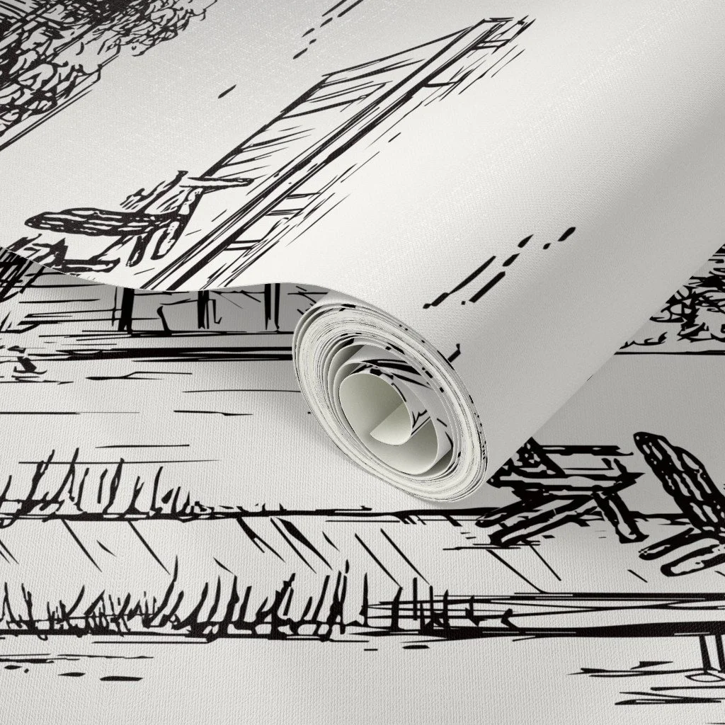 Camp Wallpaper design for lake houses and cabins featuring hand-drawn illustrations of A-frame cabins, pine trees & boats