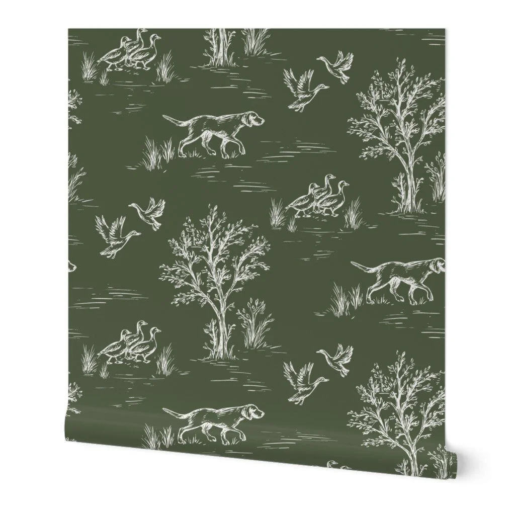 rustic hunting dog toile wallpaper in green