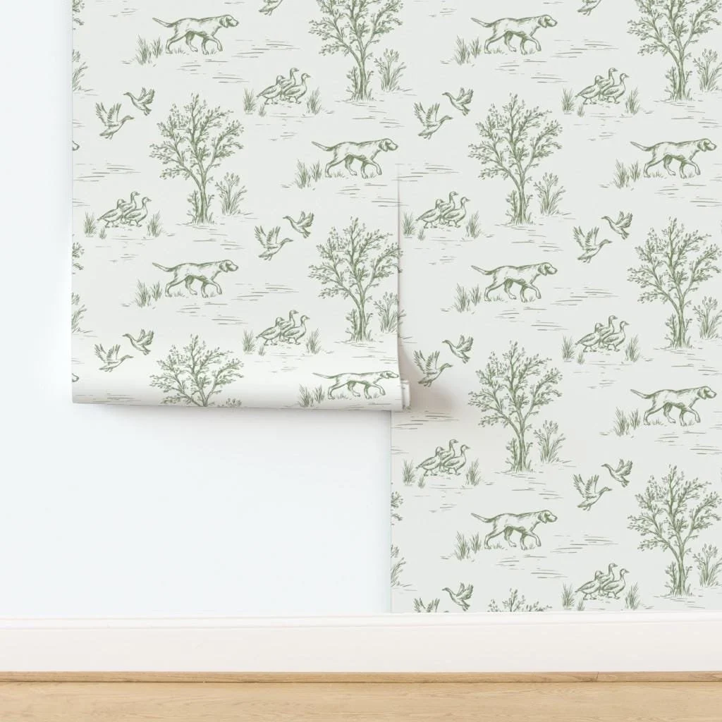 sage-green-hunting-dog-duck-toile-wallpaper-panel-install.jpg