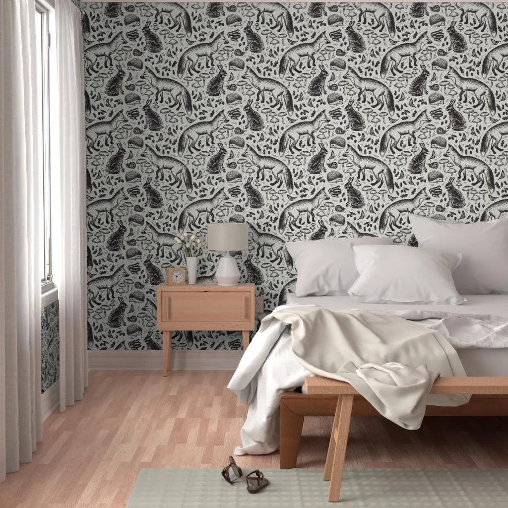 black-white-woodland-fox-rabbit-mushroom-wallpaper-bedroom-accent-wall.jpg