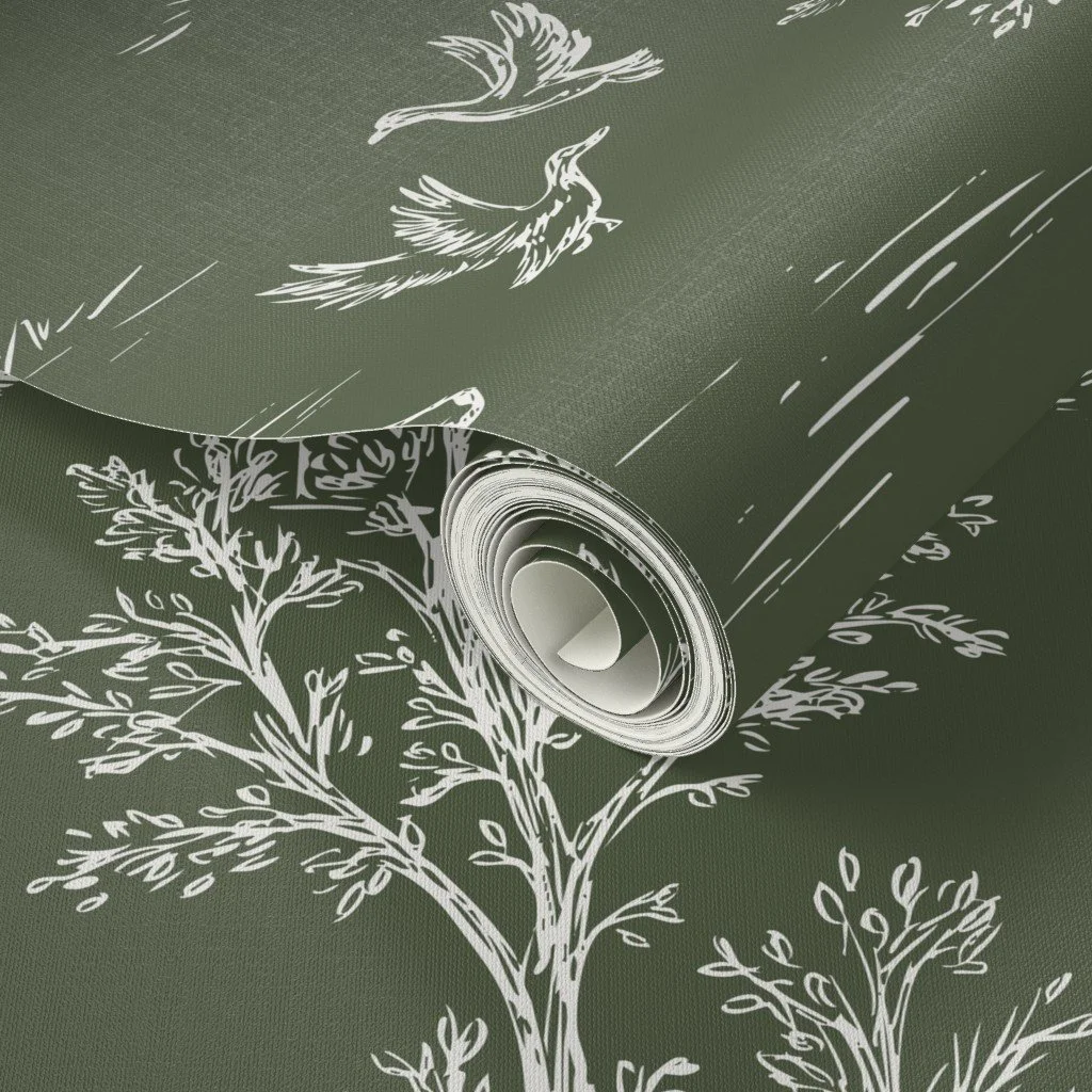 Luxury Green Hunting Toile Wallpaper with Dog and Waterfowl Motif.jpg