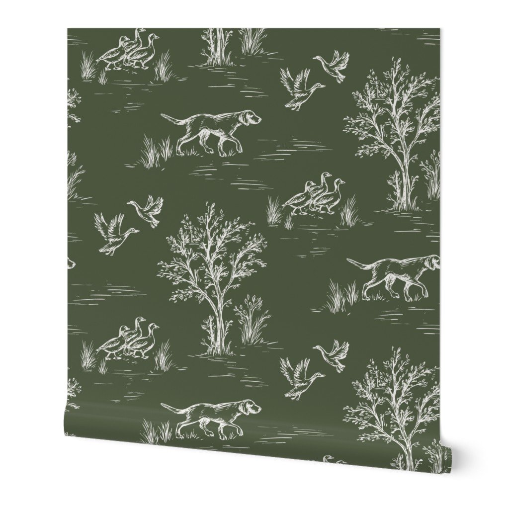 Luxury Green Hunting Dog Toile Wallpaper | Classic Woodland Pattern
