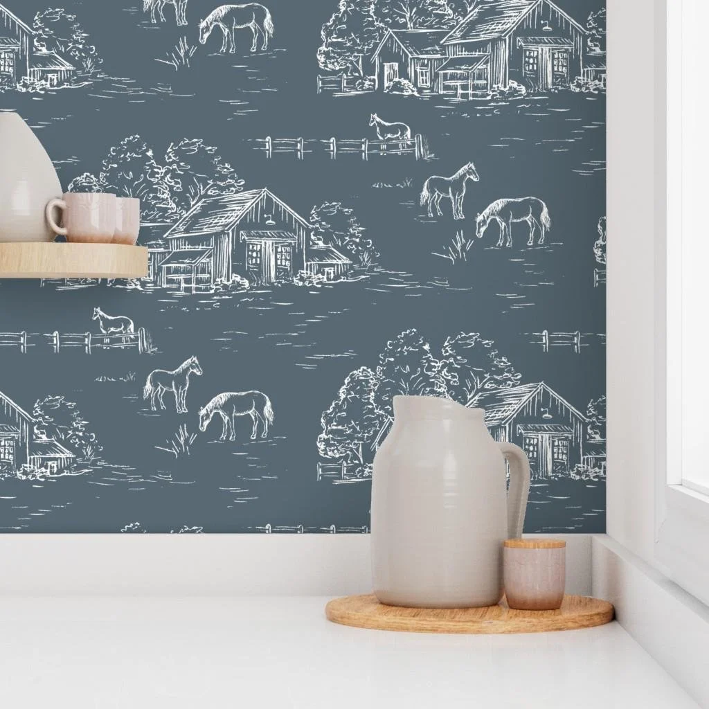 slate-blue-horse-barn-farm-toile-wallpaper-kitchen-shelf.jpg