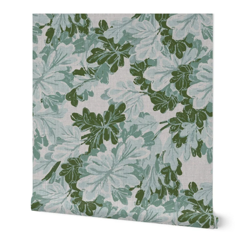 Tree Canopy Wallpaper in Blue Green | Painterly Oak Leaf Botanical