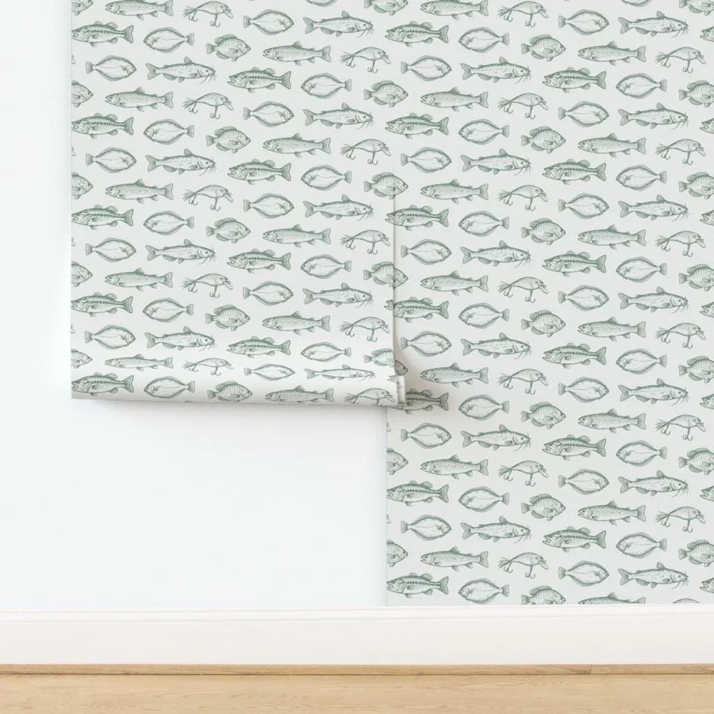 sage-green-vintage-fish-sketch-wallpaper-panel-install.jpg