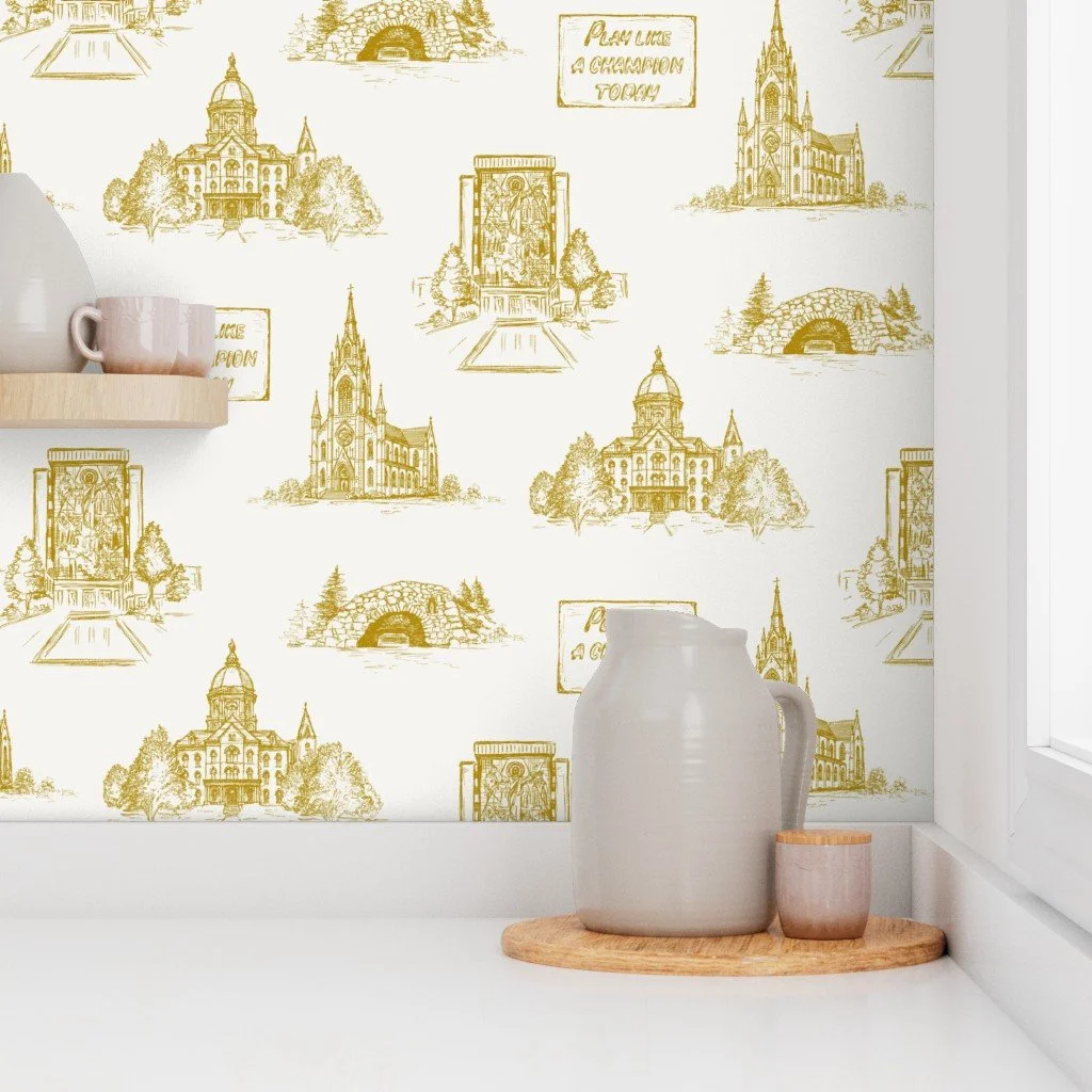 Sophisticated-Notre-Dame-home-office-decor-with-gold-toile-wallpaper