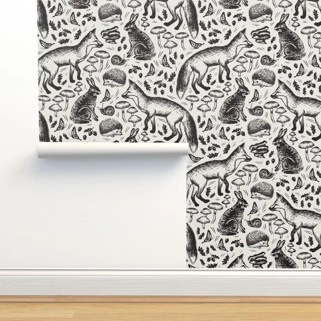 black-white-woodland-fox-rabbit-mushroom-wallpaper-panel-install.jpg