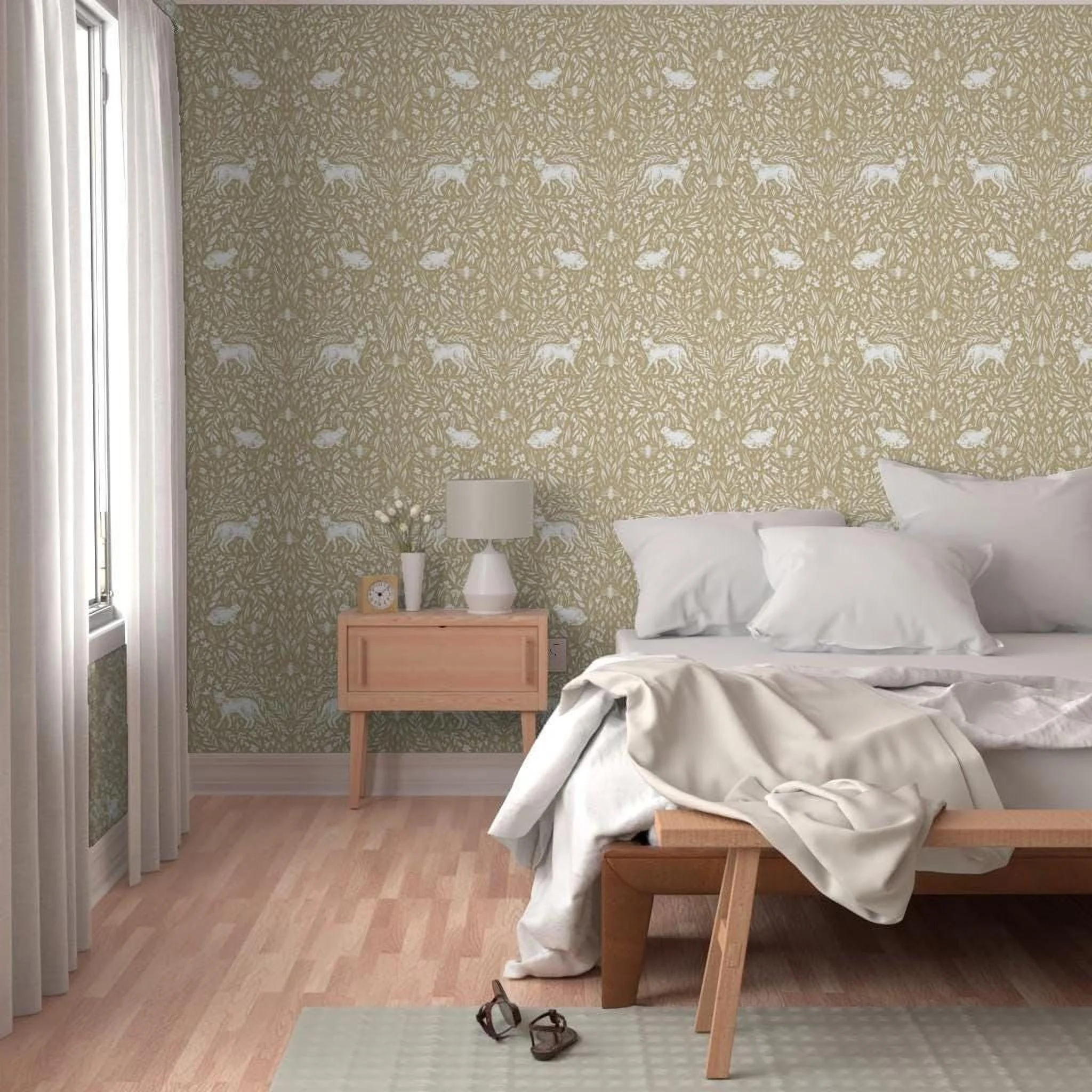 khaki-fox-rabbit-botanical-wallpaper-bedroom-accent-wall.jpg