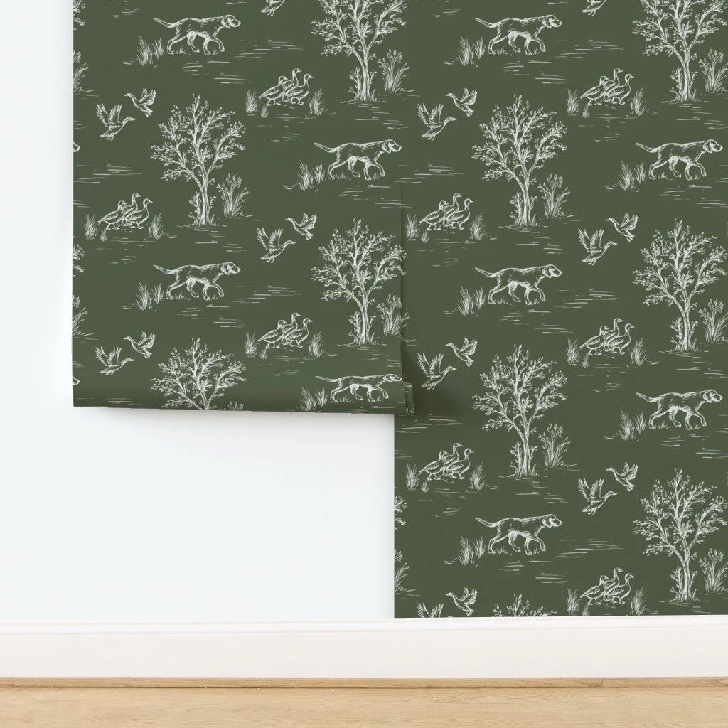 Luxury Rustic Toile Wallpaper with Hunting Scene Illustration.jpg