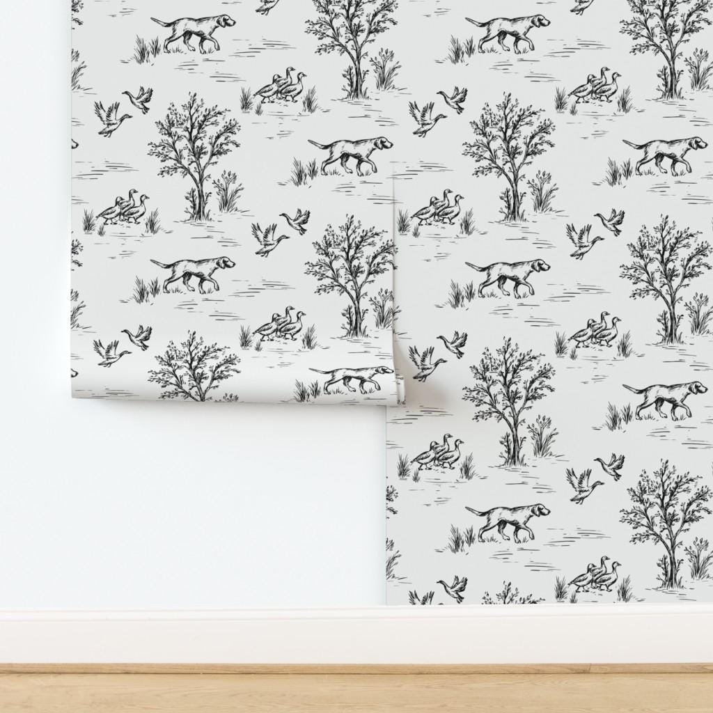 black-white-hunting-dog-duck-toile-wallpaper-panel-install.jpg
