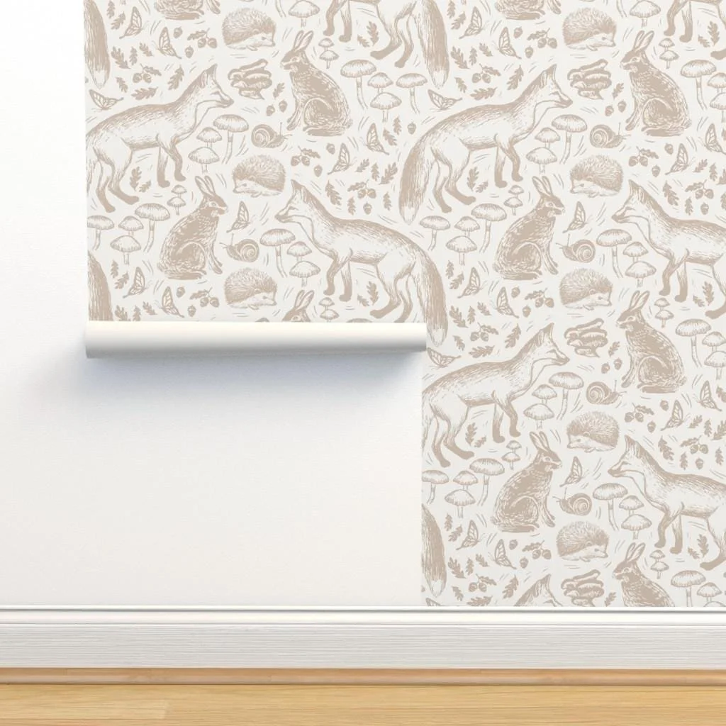 beige-woodland-fox-rabbit-mushroom-wallpaper-panel-install.jpg