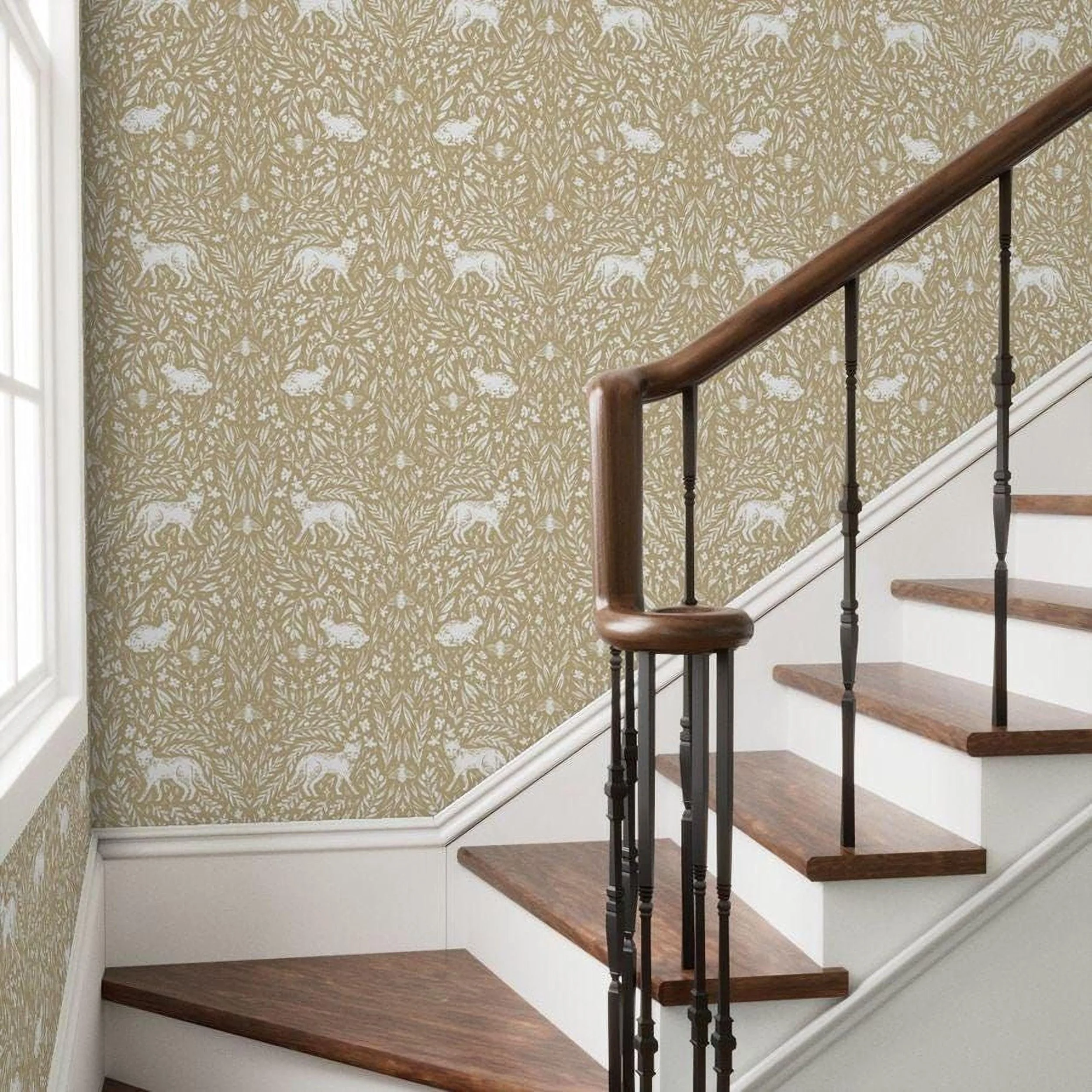 khaki-fox-rabbit-botanical-wallpaper-staircase.jpg