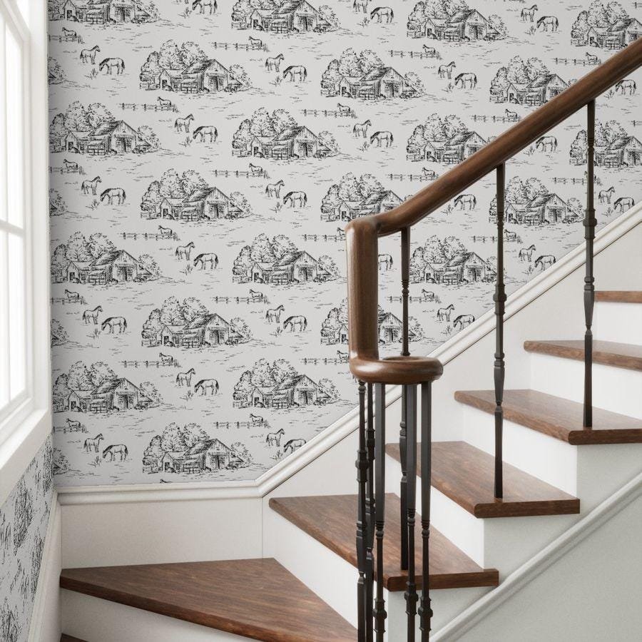 black-white-horse-barn-farm-toile-wallpaper-staircase.jpg