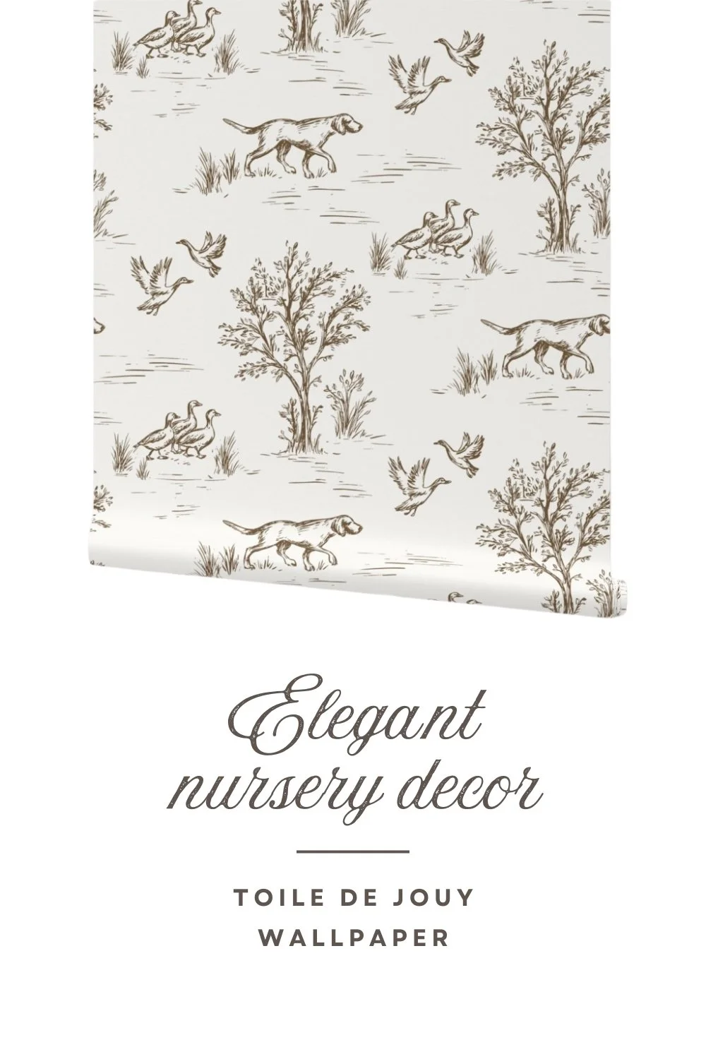 farmhouse toile wallpaper with cute dogs & farm animals by surface pattern designer Rose Lindo, baby boy nursery wallpaper of English dogs hunting in a brown and neutral colored toile wallpaper scene