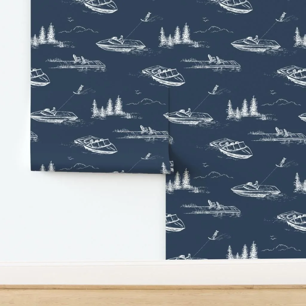 navy-lake-house-boat-toile-wallpaper-panel-install.jpg