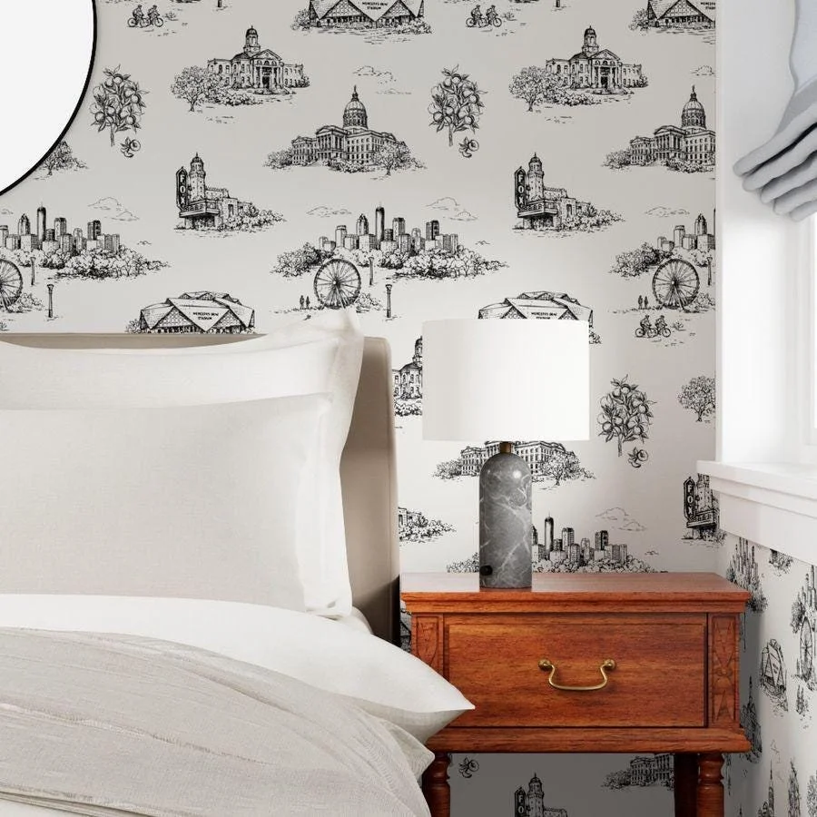 black-white-city-landmarks-toile-wallpaper-bedroom-nightstand.jpg