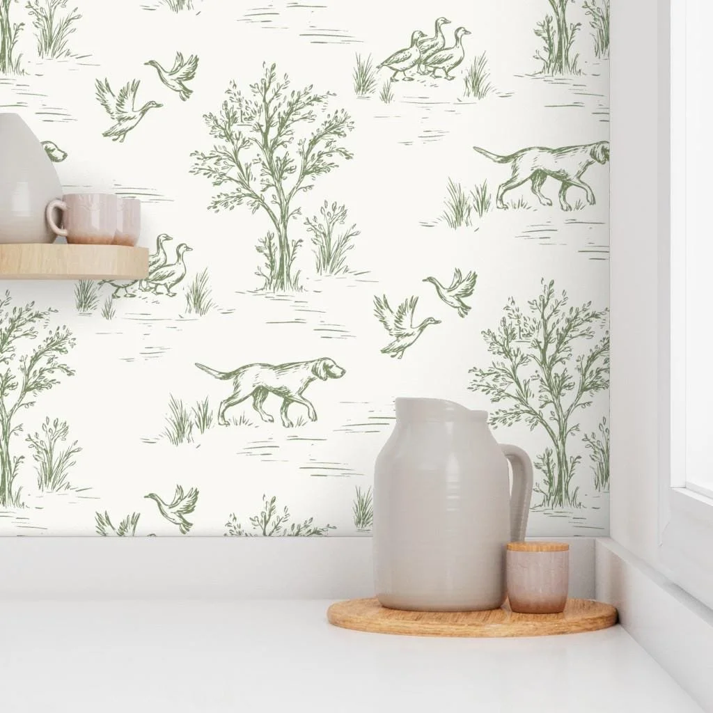 sage-green-hunting-dog-duck-toile-wallpaper-kitchen-shelf.jpg