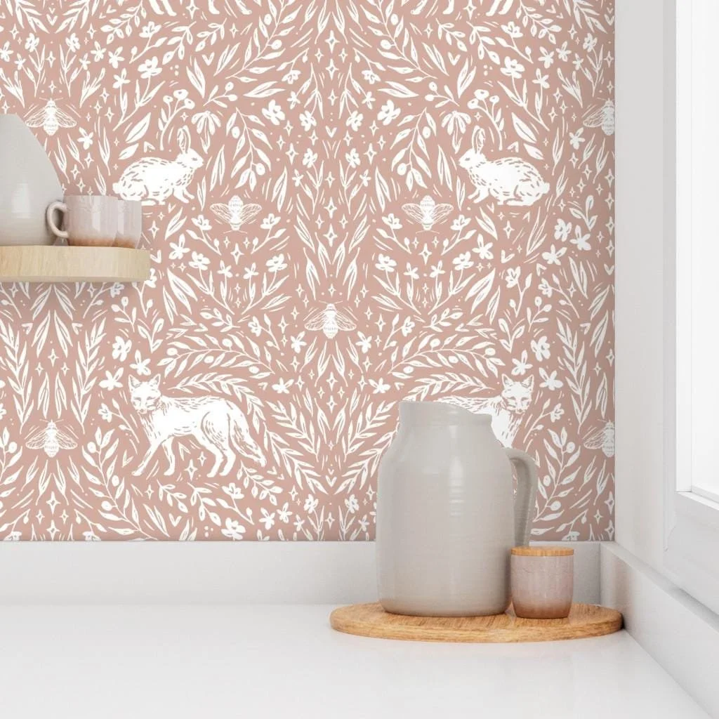dusty-pink-fox-rabbit-botanical-wallpaper-kitchen-shelf.jpg