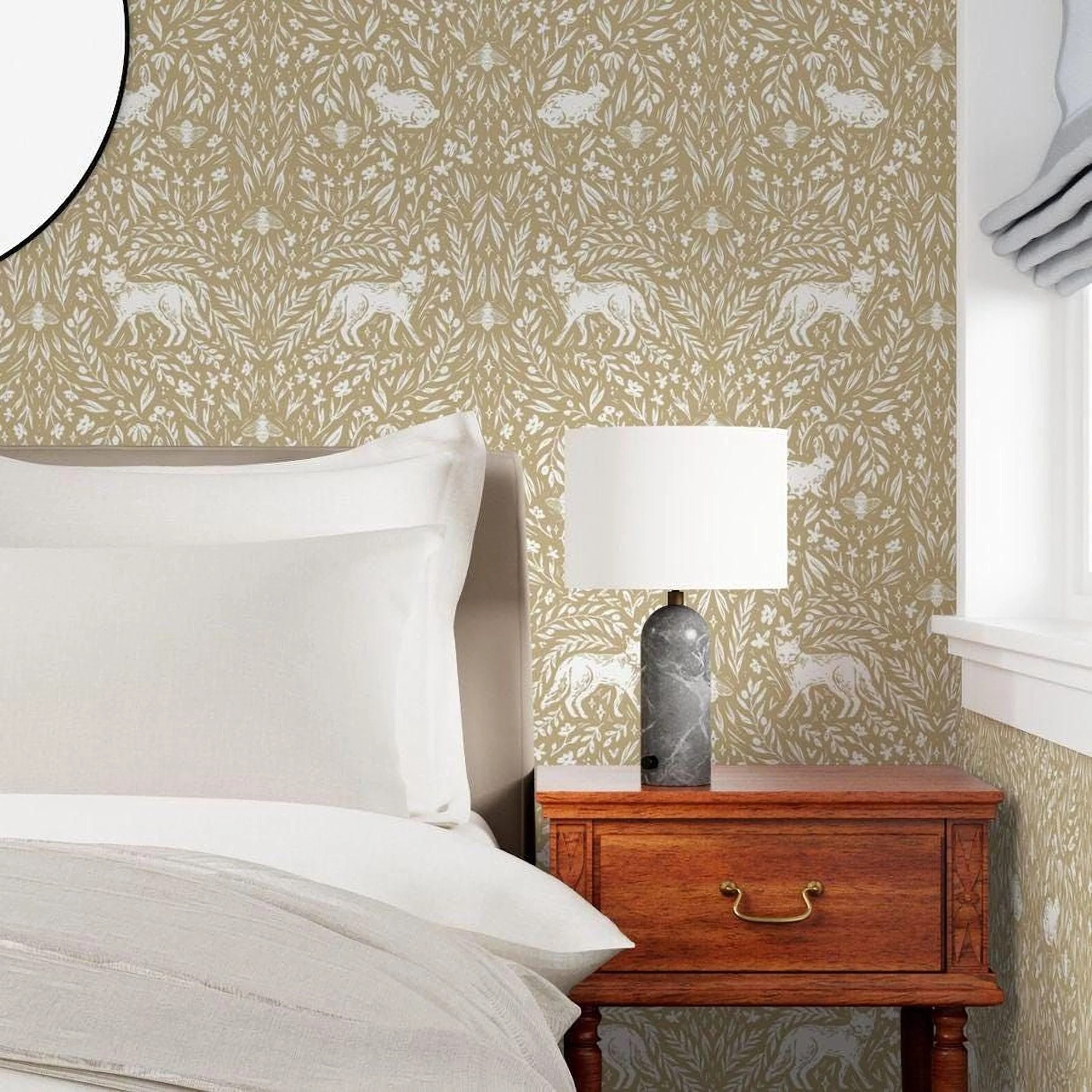khaki-fox-rabbit-botanical-wallpaper-bedroom-nightstand.jpg