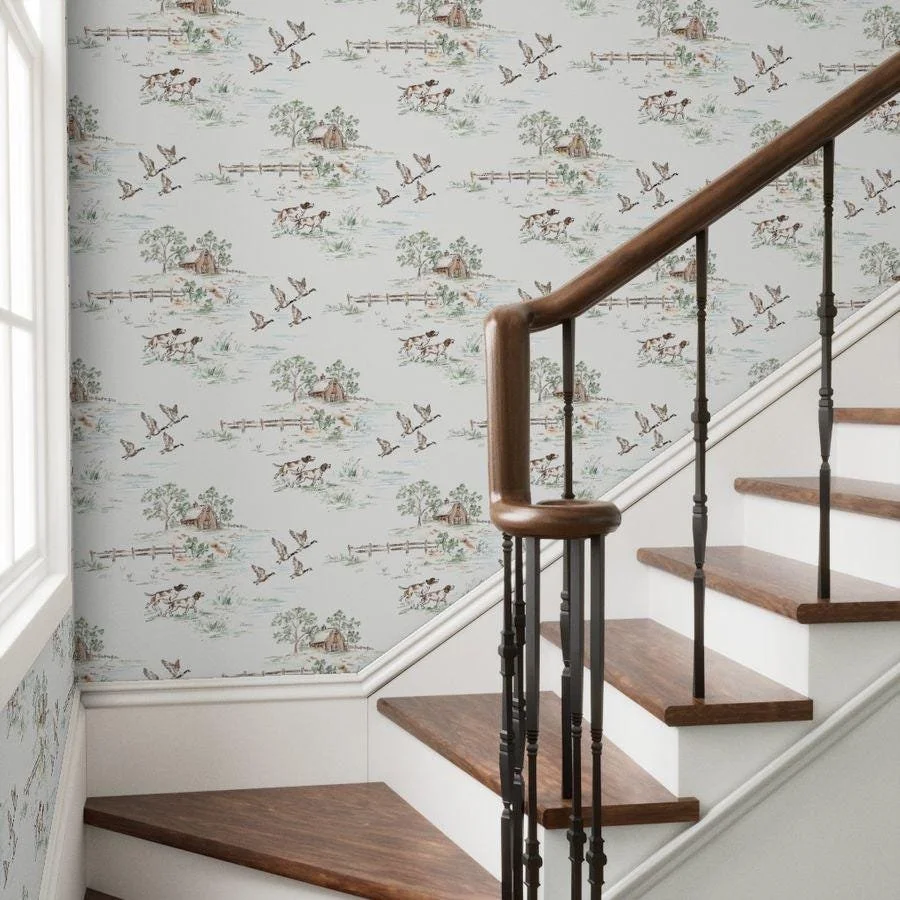 watercolor-hunting-dog-duck-barn-toile-wallpaper-staircase.jpg