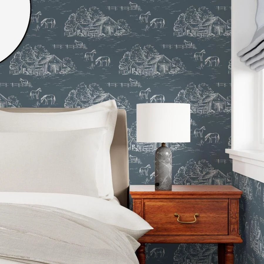 slate-blue-horse-barn-farm-toile-wallpaper-bedroom-nightstand.jpg