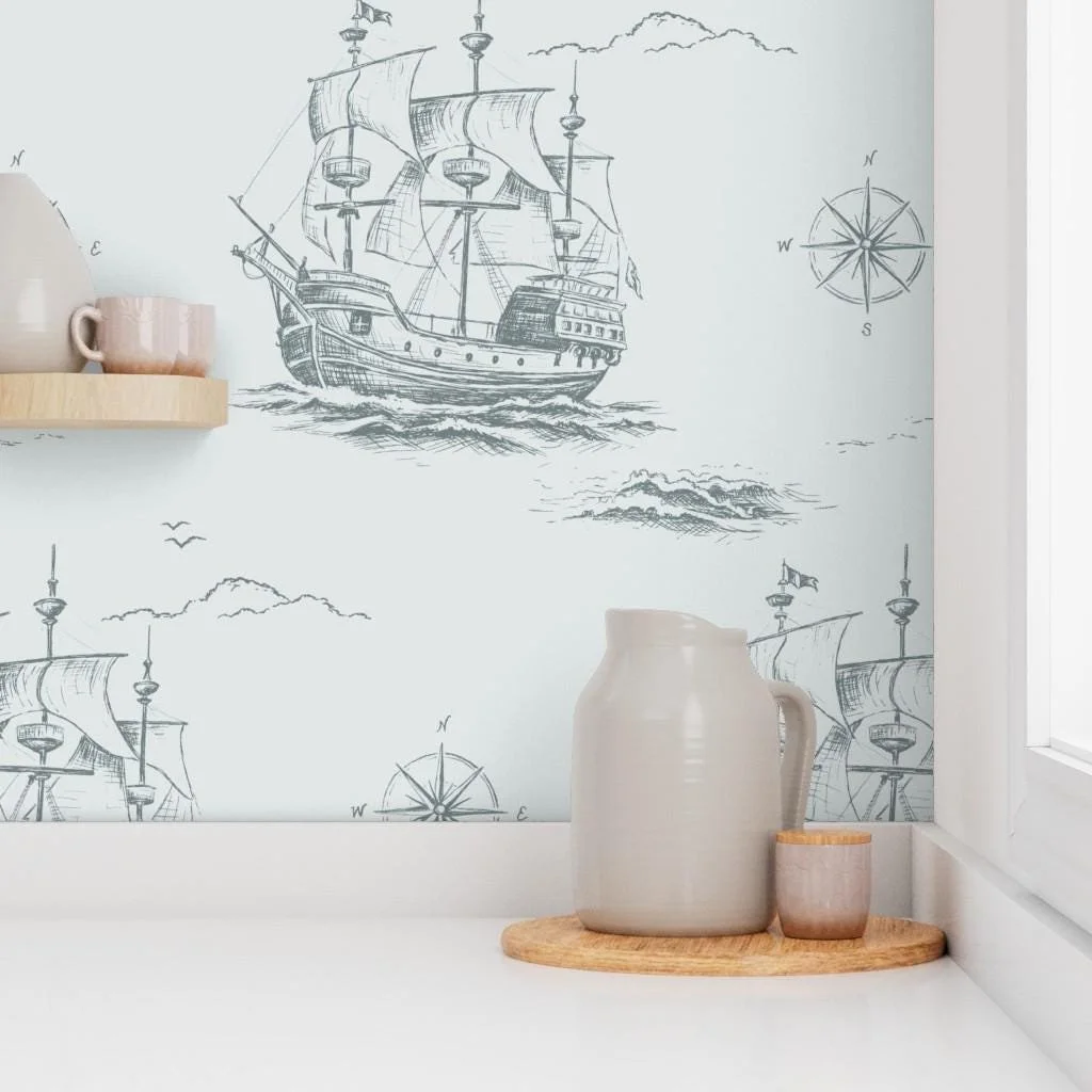 gray-blue-nautical-sailing-ship-compass-wallpaper-kitchen-shelf.jpg