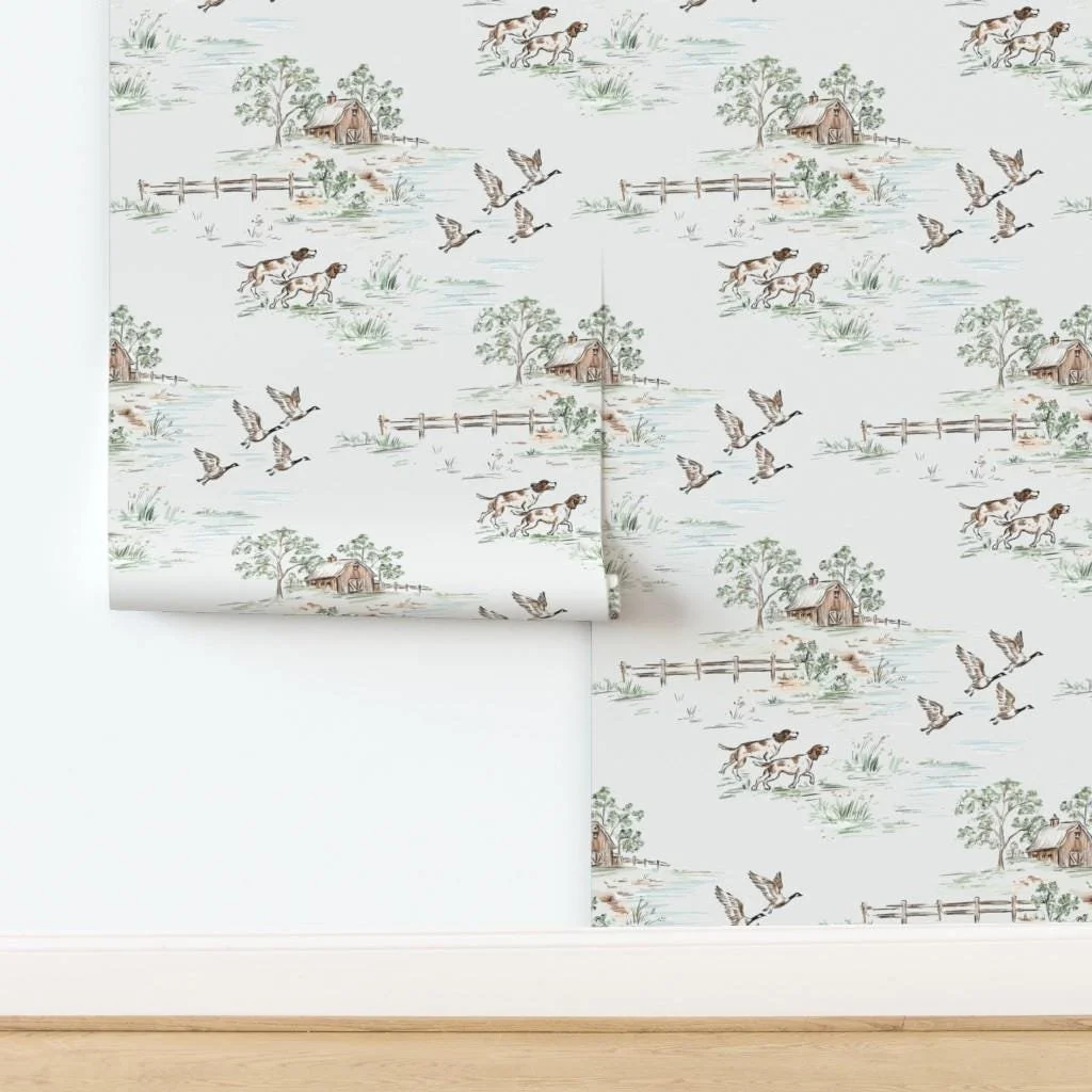 watercolor-hunting-dog-duck-barn-toile-wallpaper-panel-install.jpg