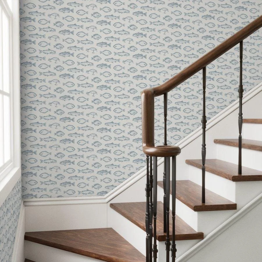 blue-vintage-fish-sketch-wallpaper-staircase.jpg