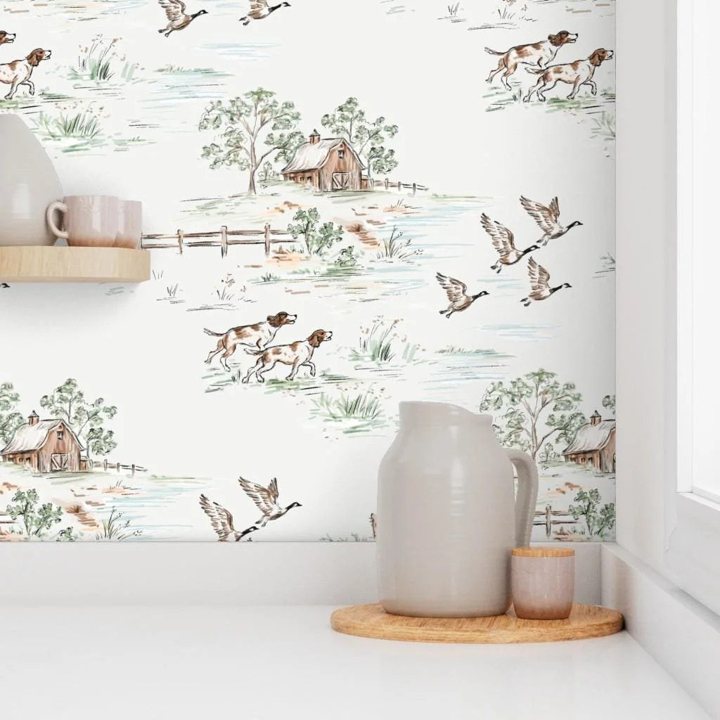 watercolor-hunting-dog-duck-barn-toile-wallpaper-kitchen-shelf.jpg