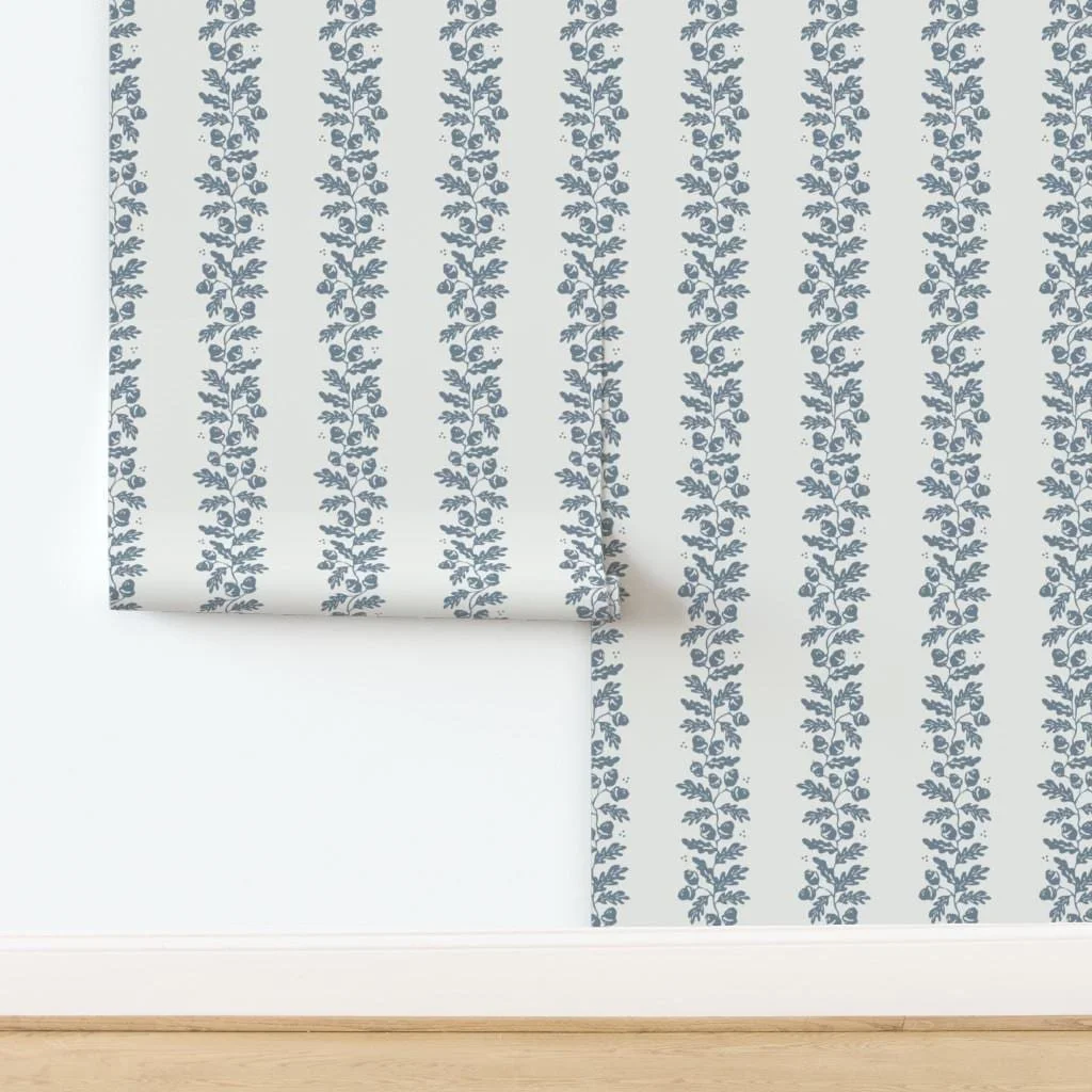 blue-oak-leaf-vine-stripe-wallpaper-panel-install.jpg