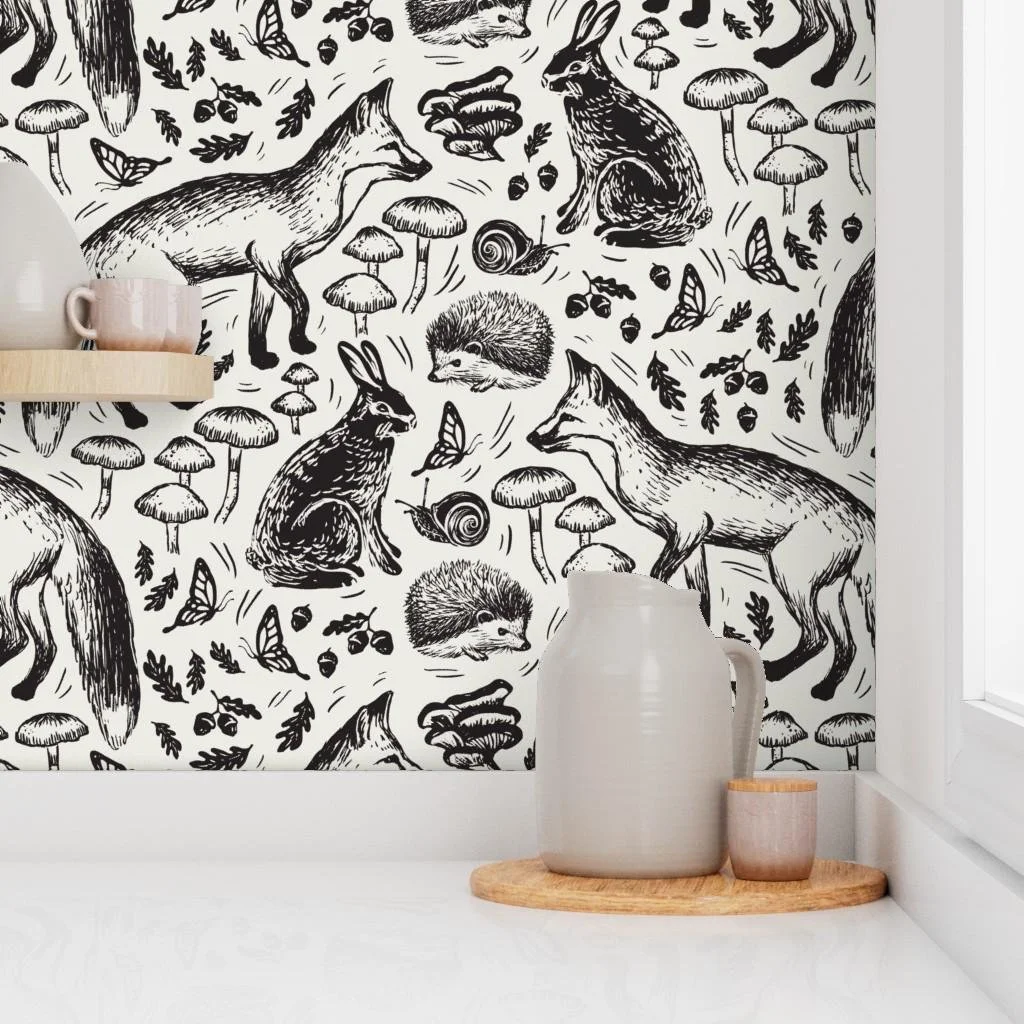 black-white-woodland-fox-rabbit-mushroom-wallpaper-kitchen-shelf.jpg