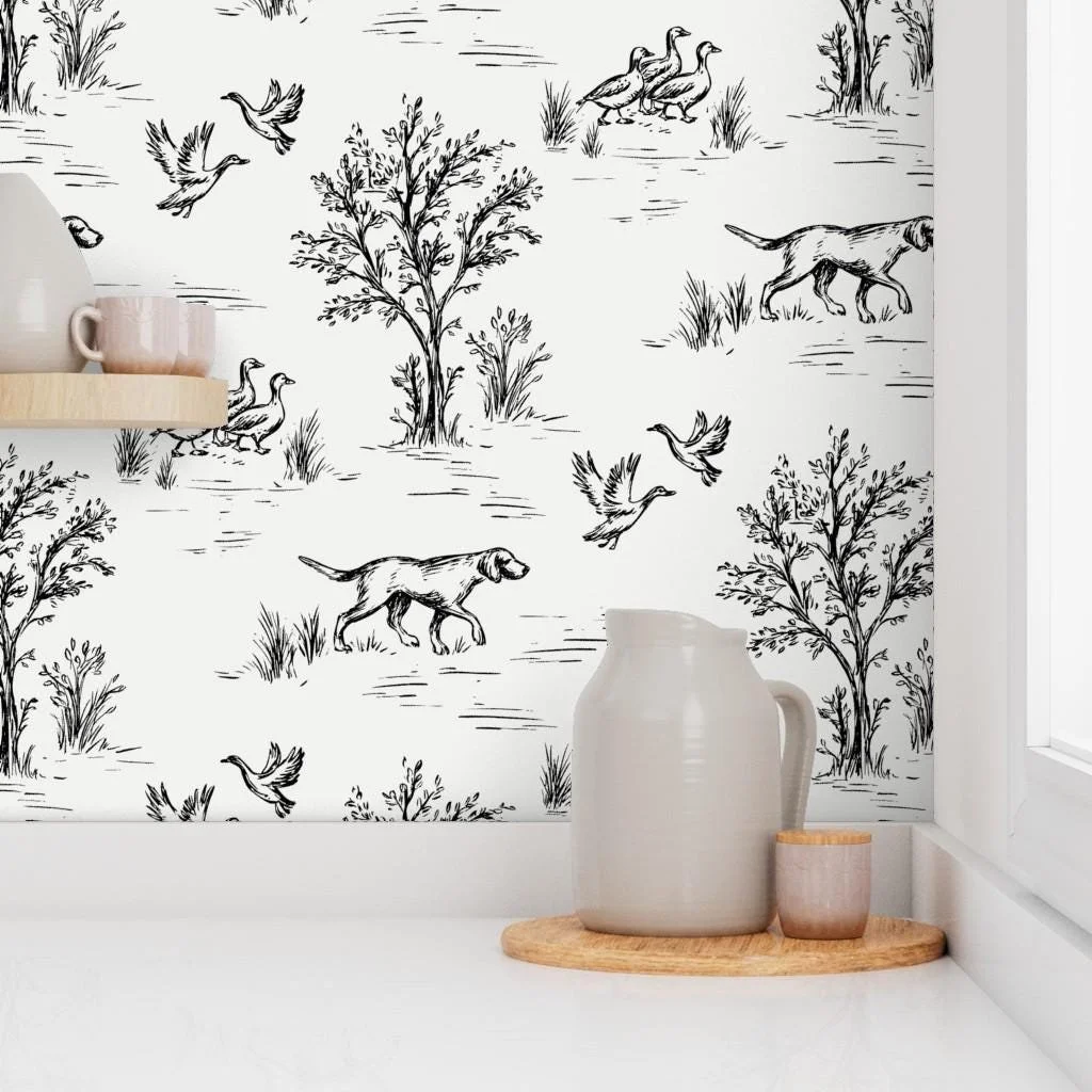 black-white-hunting-dog-duck-toile-wallpaper-kitchen-shelf.jpg