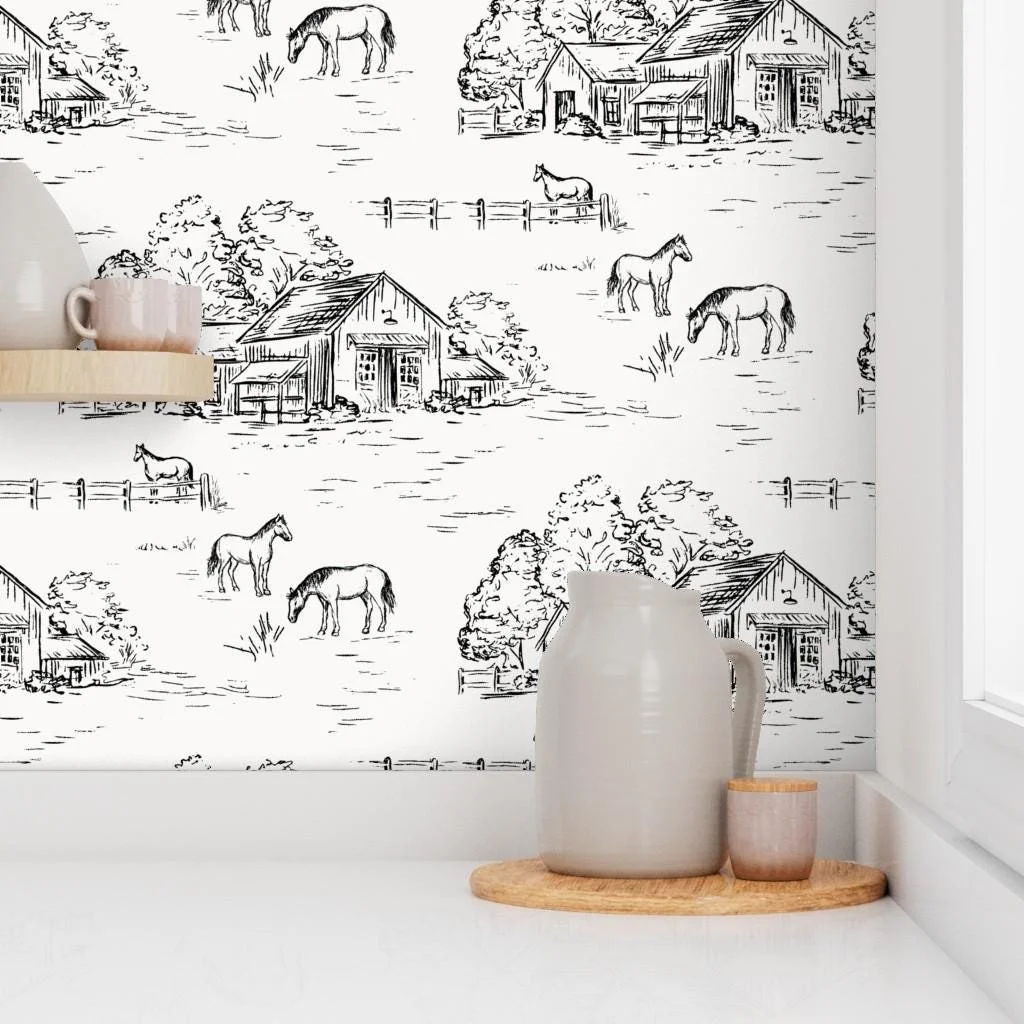 black-white-horse-barn-farm-toile-wallpaper-kitchen-shelf.jpg