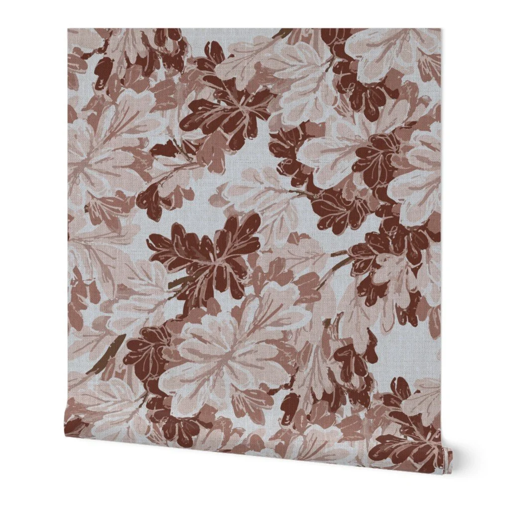 Tree Canopy Wallpaper in Maroon | Painterly Oak Leaf Botanical