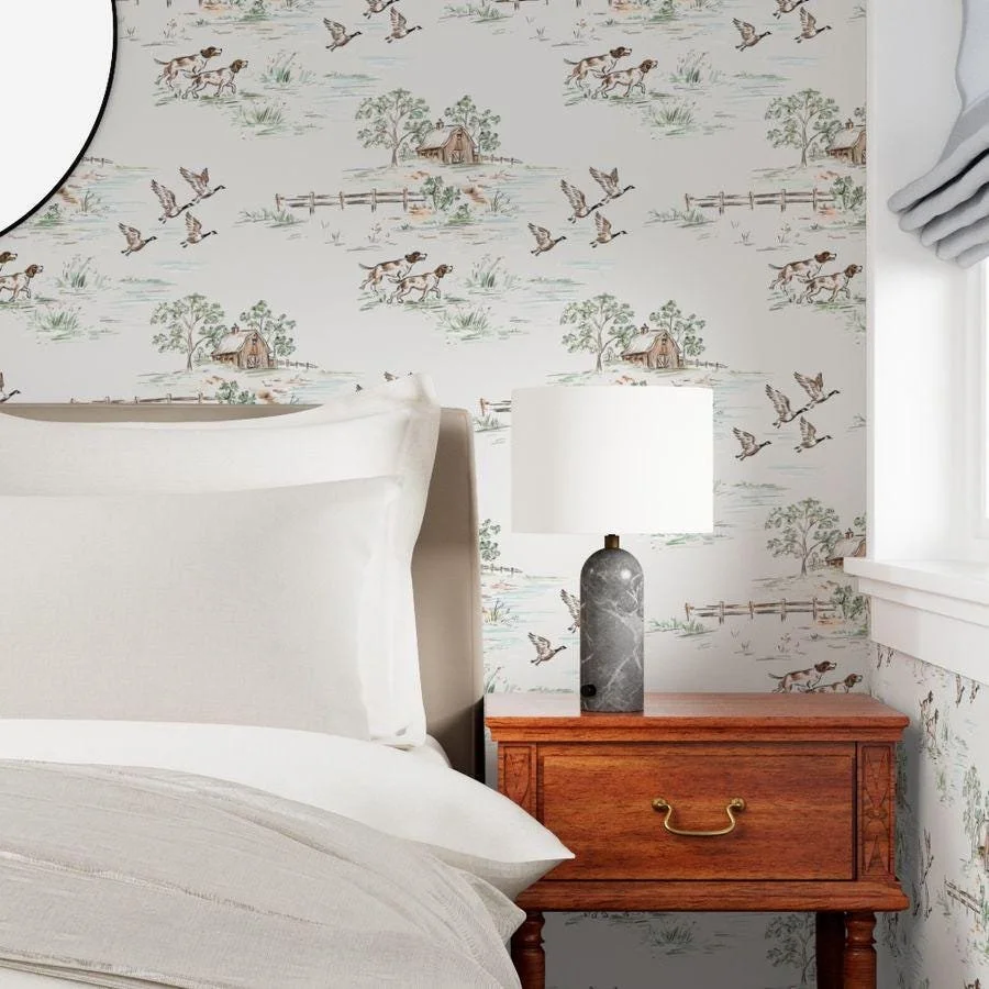 watercolor-hunting-dog-duck-barn-toile-wallpaper-bedroom-nightstand.jpg