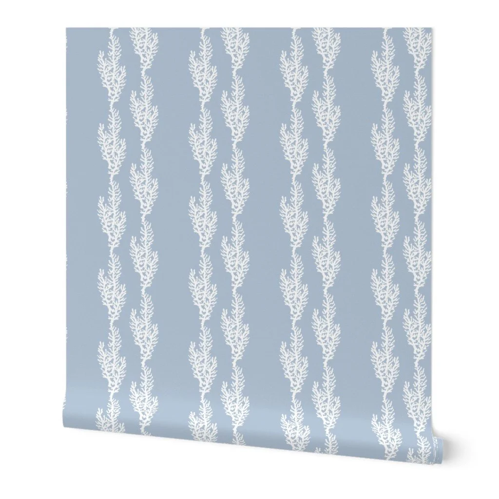 blue coastal striped wallpaper for oceanside homes, bathrooms, & rental properties.